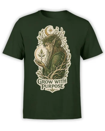 Woodland elf fantasy design with leafy branches and “Grow With Purpose” text on a green T-shirt