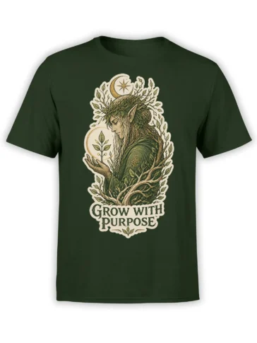 Woodland elf fantasy design with leafy branches and “Grow With Purpose” text on a green T-shirt