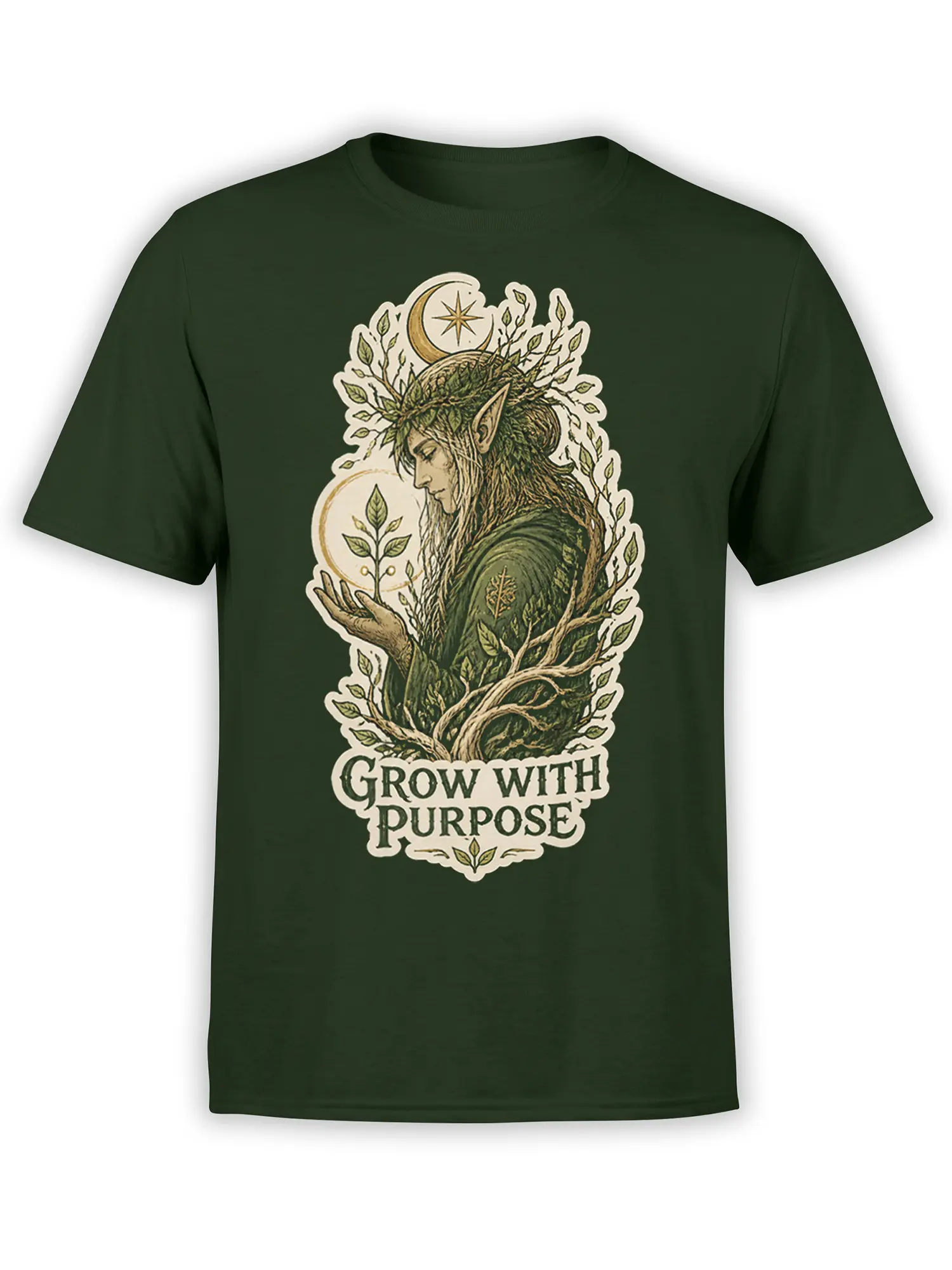 Woodland elf fantasy design with leafy branches and “Grow With Purpose” text on a green T-shirt
