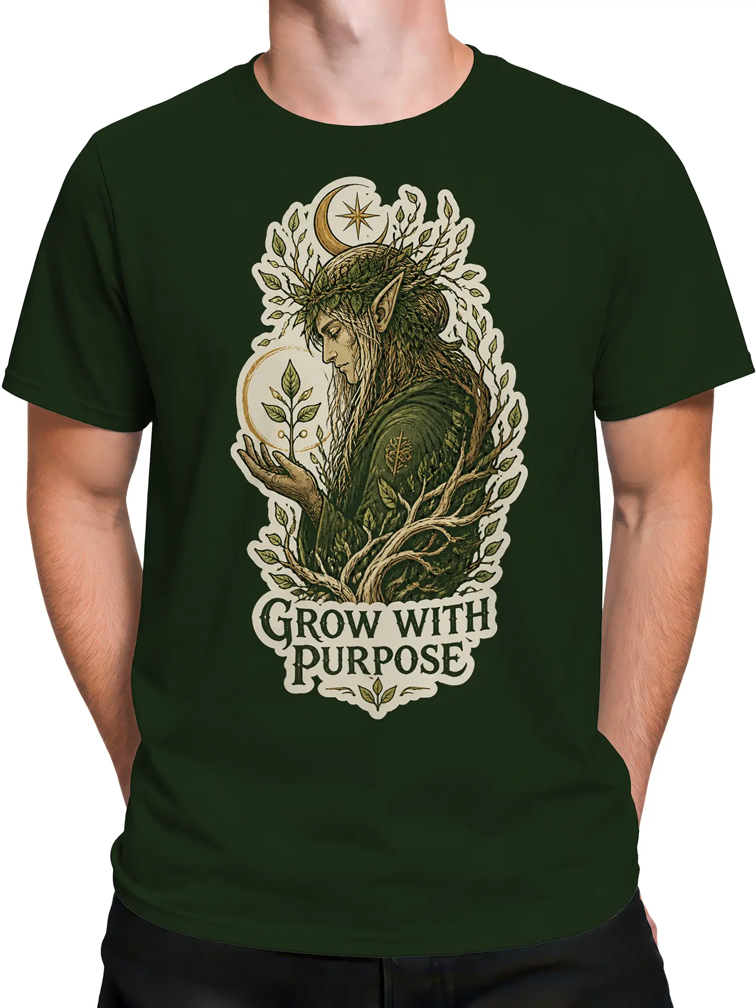 Male torso wearing a green T-shirt with a woodland elf and botanical fantasy artwork