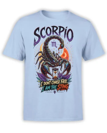 Light blue Scorpio t-shirt with a detailed scorpion, crescent moon, hourglass, stars, and zodiac message