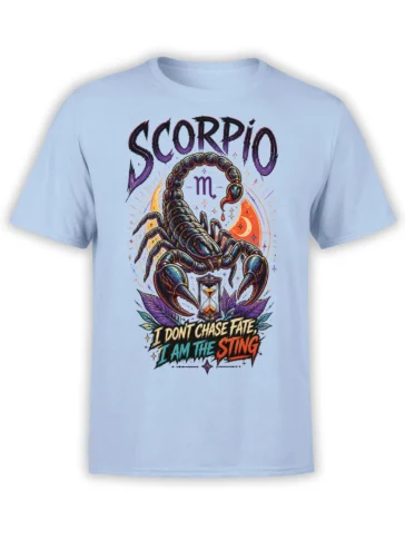 Light blue Scorpio t-shirt with a detailed scorpion, crescent moon, hourglass, stars, and zodiac message