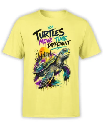 Colorful turtle graphic tee on a yellow shirt with city skyline, sunset, crown, and bold brush lettering