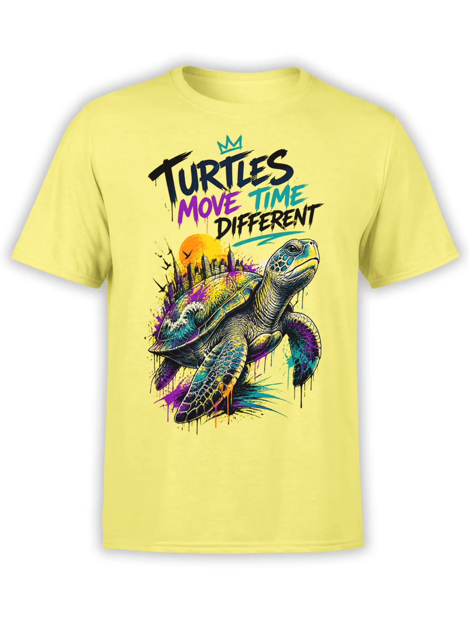 Colorful turtle graphic tee on a yellow shirt with city skyline, sunset, crown, and bold brush lettering