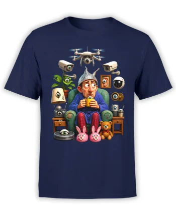 Surveillance graphic on a navy shirt showing a worried man surrounded by cameras, a drone, and many watchful eyes.