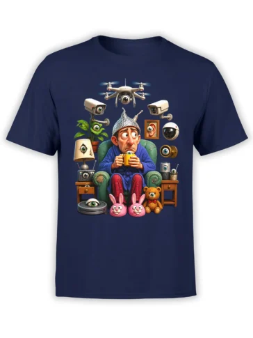 Surveillance graphic on a navy shirt showing a worried man surrounded by cameras, a drone, and many watchful eyes.