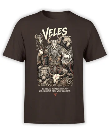 Dark brown mythology T-shirt with a horned bearded figure, wolves, bear, skull staff, and cream lettering