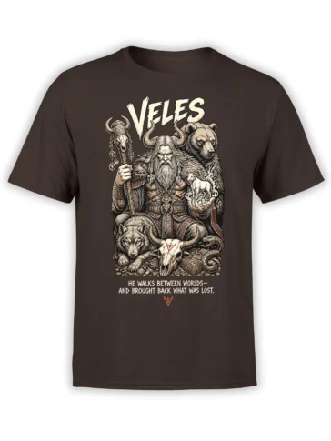 Dark brown mythology T-shirt with a horned bearded figure, wolves, bear, skull staff, and cream lettering