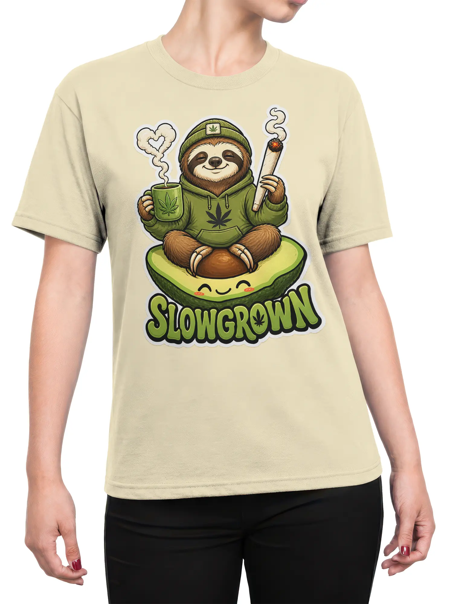 Female torso wearing a beige sloth and avocado SLOWGROWN graphic T-shirt