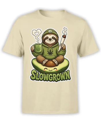 Beige sloth T-shirt with a smiling avocado, leafy mug, smoking roll-up, and SLOWGROWN graphic