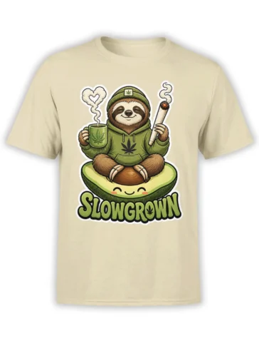 Beige sloth T-shirt with a smiling avocado, leafy mug, smoking roll-up, and SLOWGROWN graphic