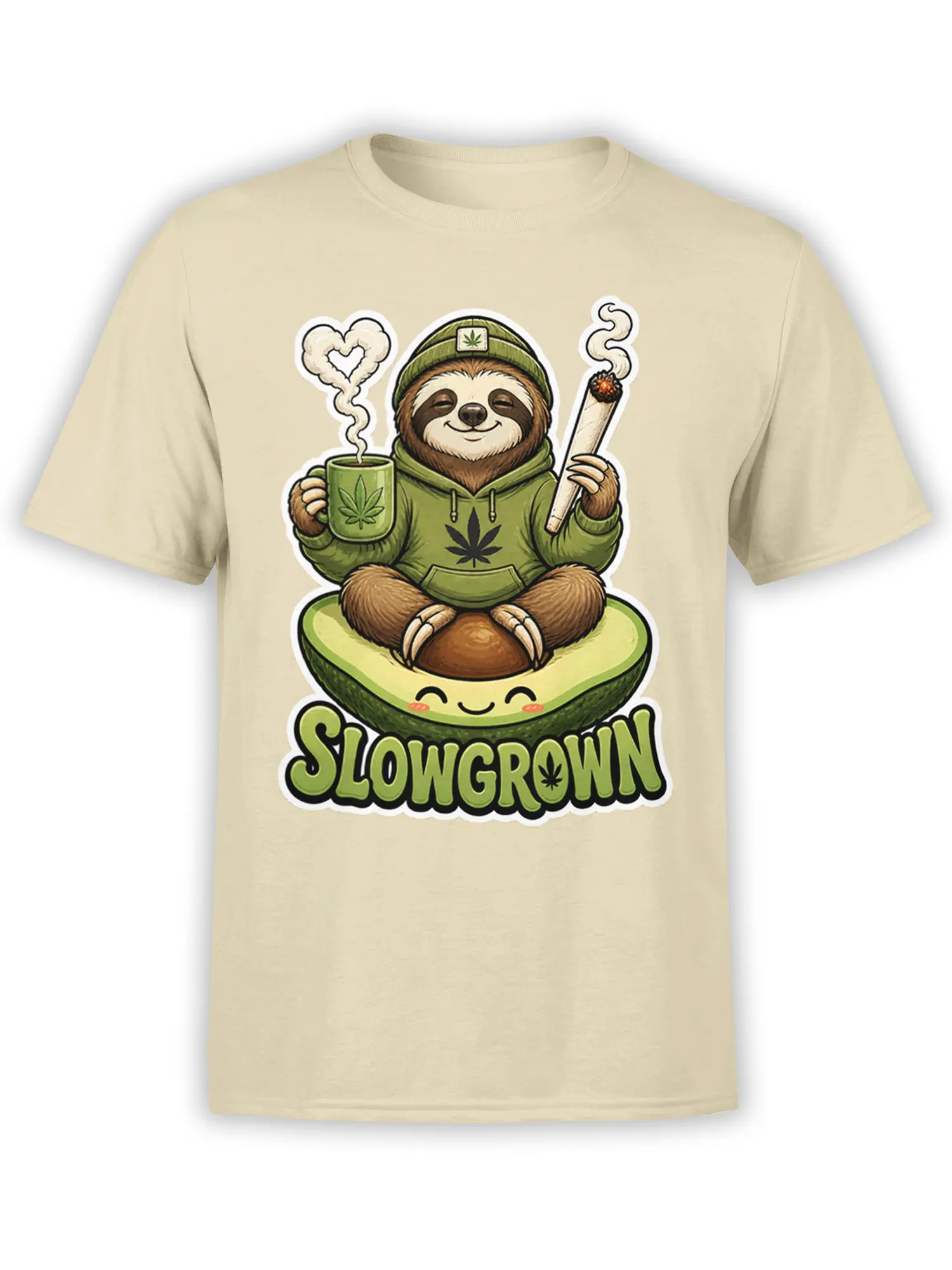 Beige sloth T-shirt with a smiling avocado, leafy mug, smoking roll-up, and SLOWGROWN graphic