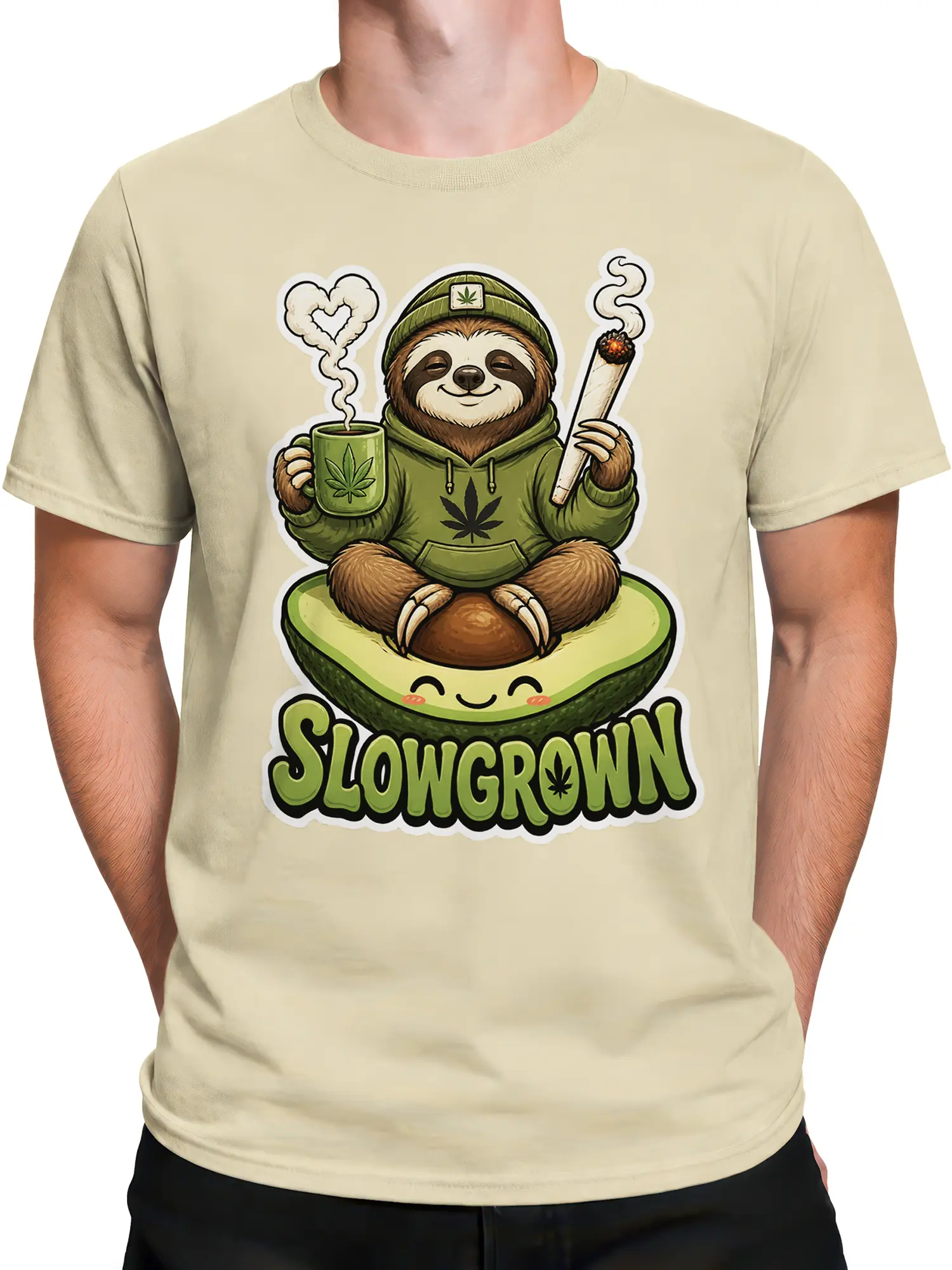 Male torso wearing a beige sloth and avocado SLOWGROWN graphic T-shirt