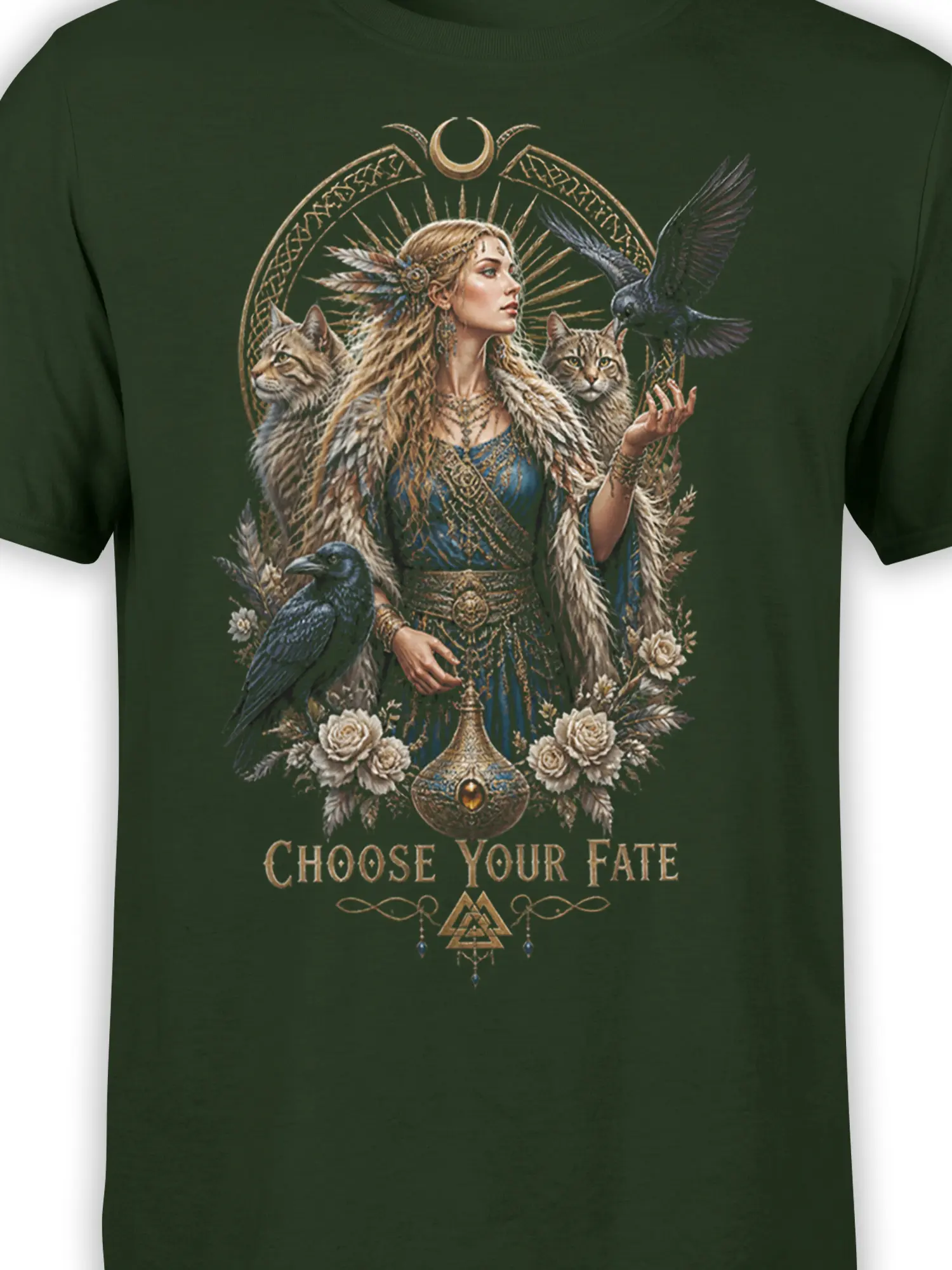 Close-up of the dark green fantasy shirt design with a mystic woman, cats, raven, flowers, moon, and ornate symbols