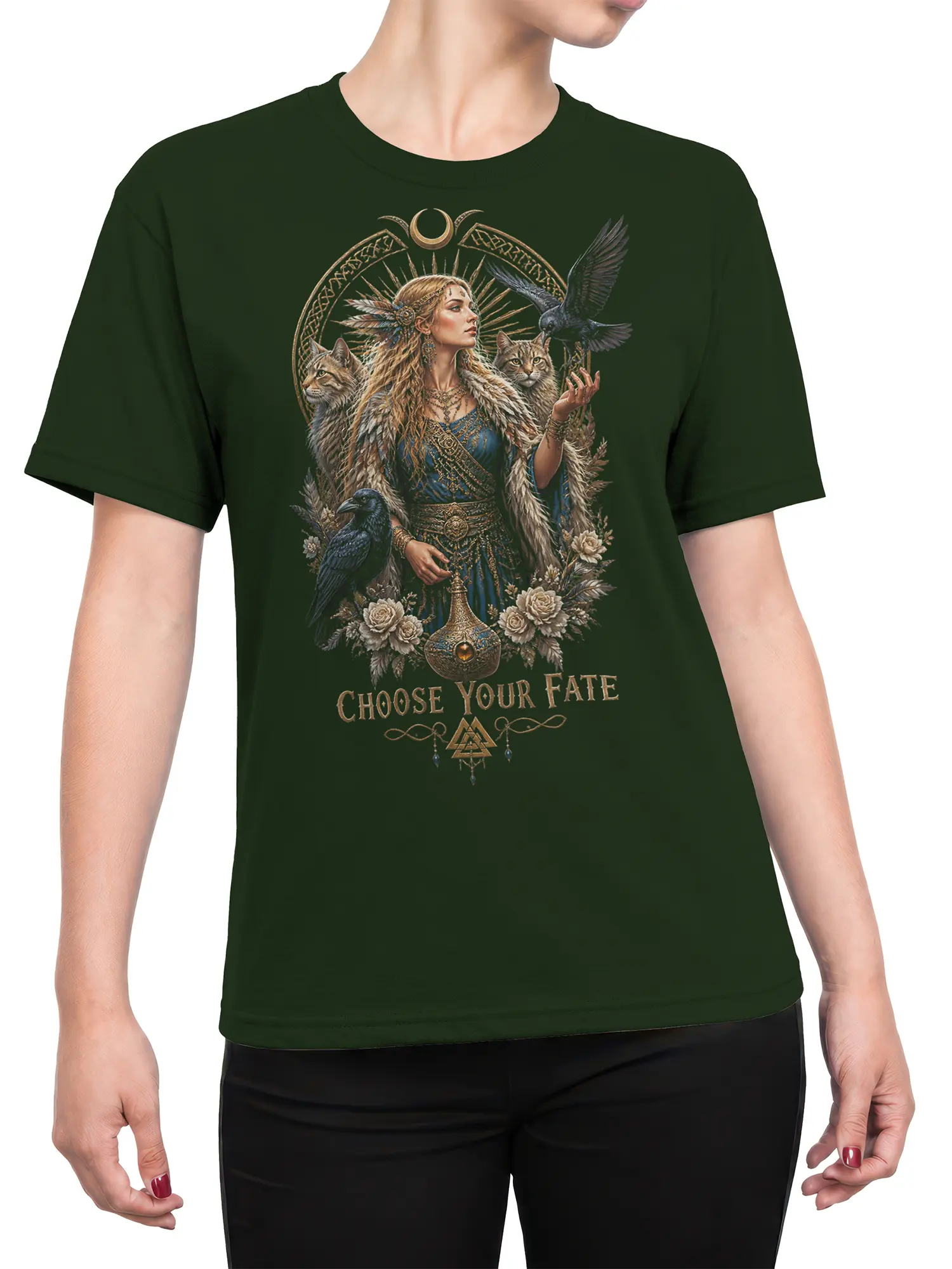 Female torso wearing a dark green fantasy T-shirt with a mystic woman, cats, ravens, flowers, and fate lettering