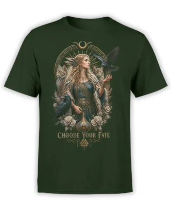 Dark green fantasy T-shirt with a mystic woman, cats, ravens, moon symbols, flowers, and Choose Your Fate text