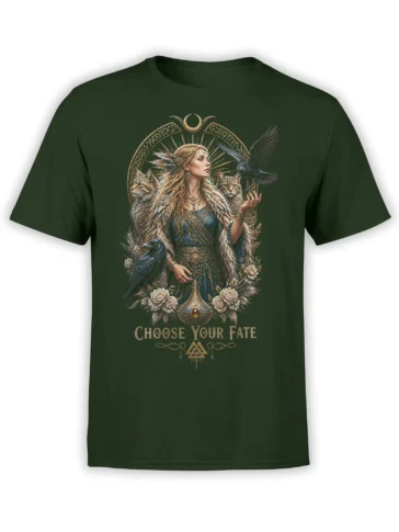 Dark green fantasy T-shirt with a mystic woman, cats, ravens, moon symbols, flowers, and Choose Your Fate text
