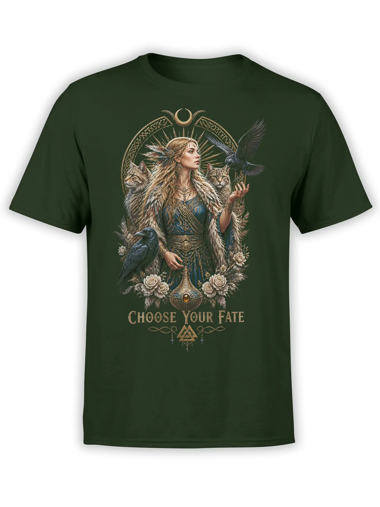 Dark green fantasy T-shirt with a mystic woman, cats, ravens, moon symbols, flowers, and Choose Your Fate text