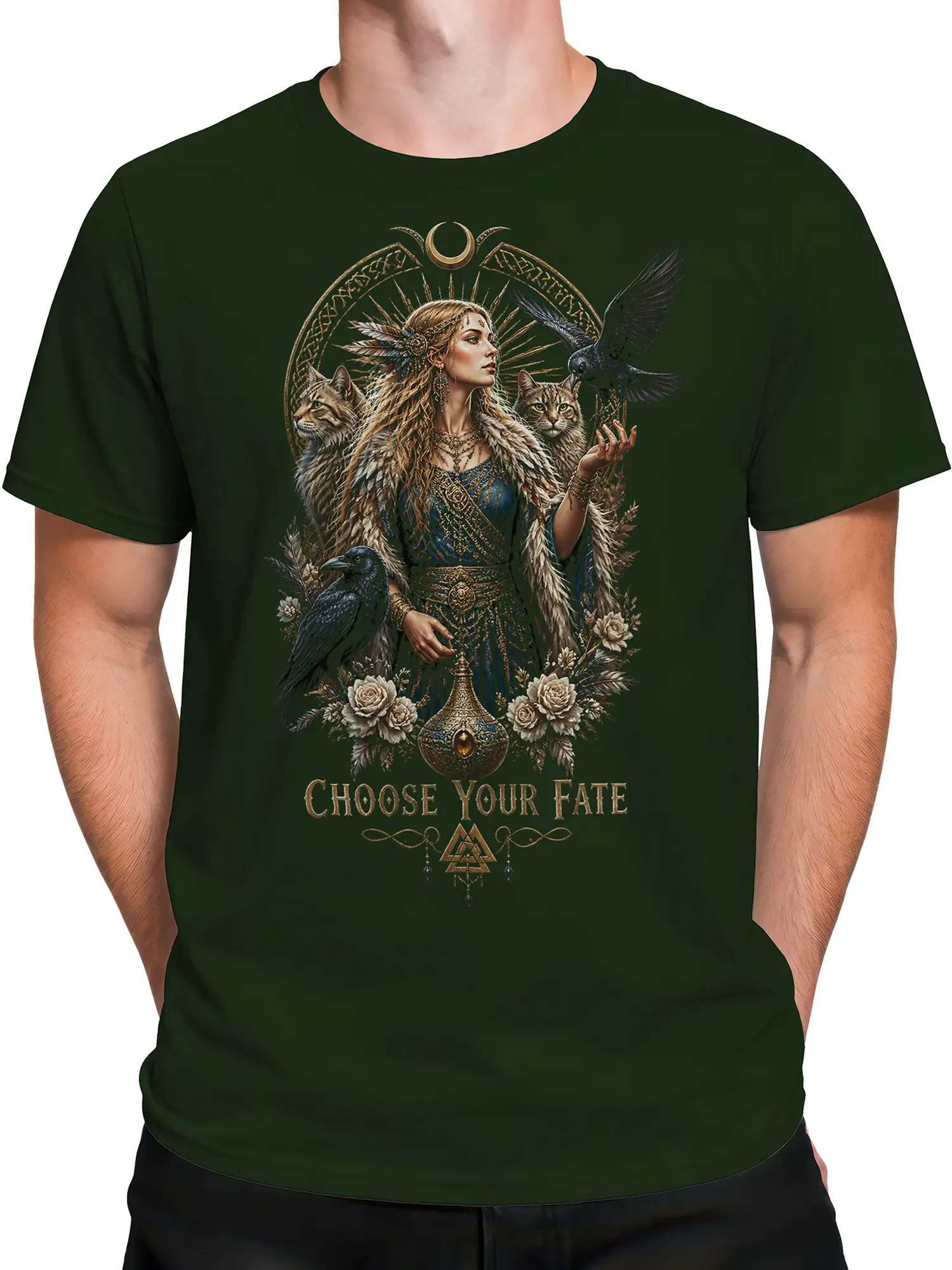 Male torso wearing a dark green fantasy T-shirt with a mystic woman, cats, ravens, moon symbols, and flowers
