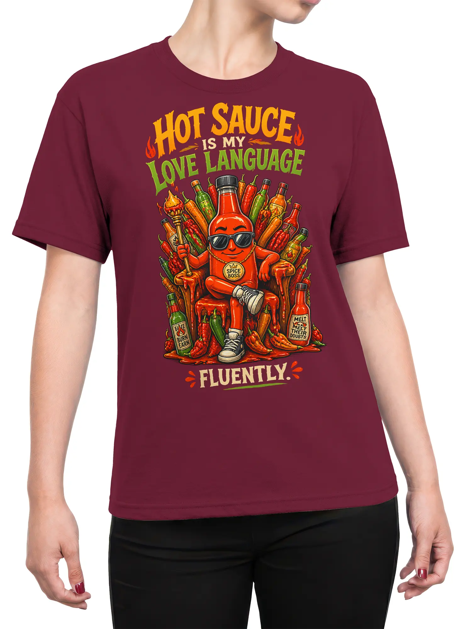 Female torso wearing a burgundy T-shirt with a colorful Spice Boss hot sauce and pepper graphic