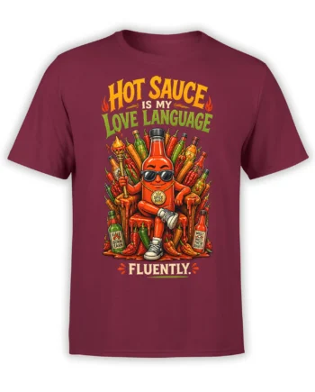 Spice Boss hot sauce graphic with colorful peppers and bold lettering on a burgundy T-shirt