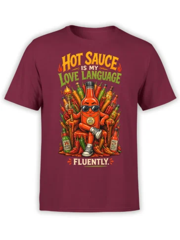 Spice Boss hot sauce graphic with colorful peppers and bold lettering on a burgundy T-shirt