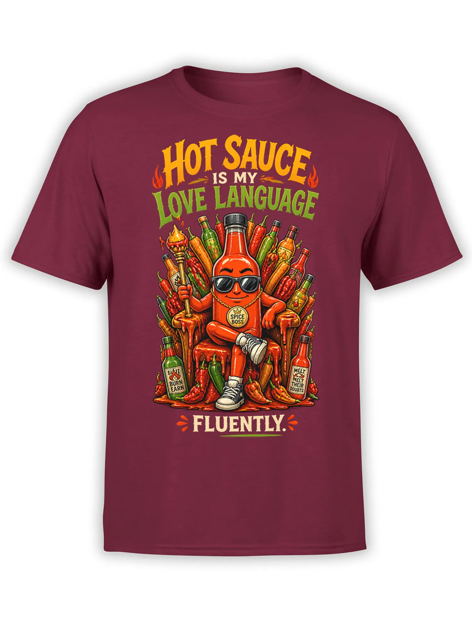 Spice Boss hot sauce graphic with colorful peppers and bold lettering on a burgundy T-shirt