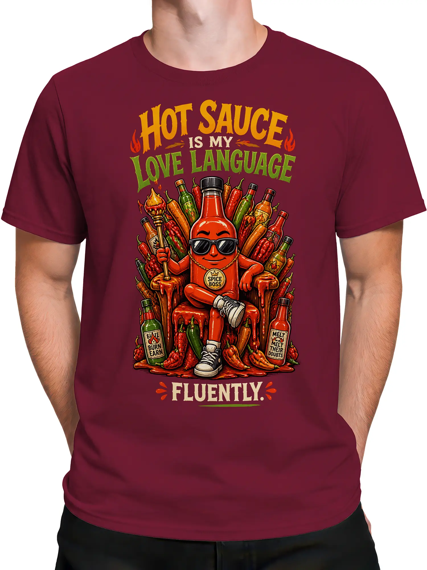 Male torso wearing a burgundy T-shirt with a vintage Spice Boss hot sauce graphic