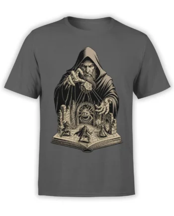 Gray T-shirt with a hooded spellcaster, hanging die, open dungeon book, adventurers, and one-eyed monster