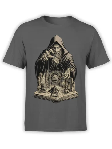 Gray T-shirt with a hooded spellcaster, hanging die, open dungeon book, adventurers, and one-eyed monster