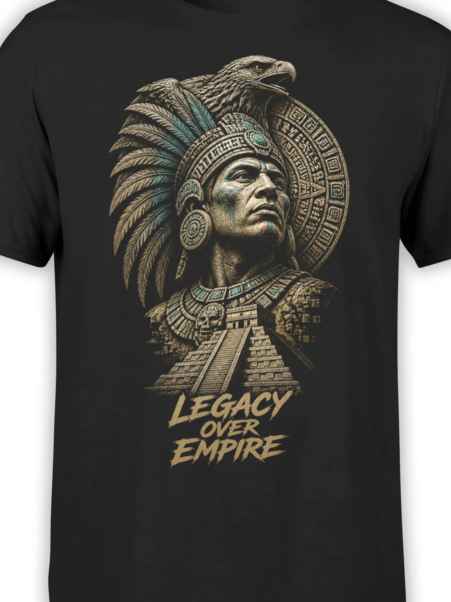 Close-up of warrior portrait, eagle, pyramid, and “Legacy Over Empire” artwork on black fabric
