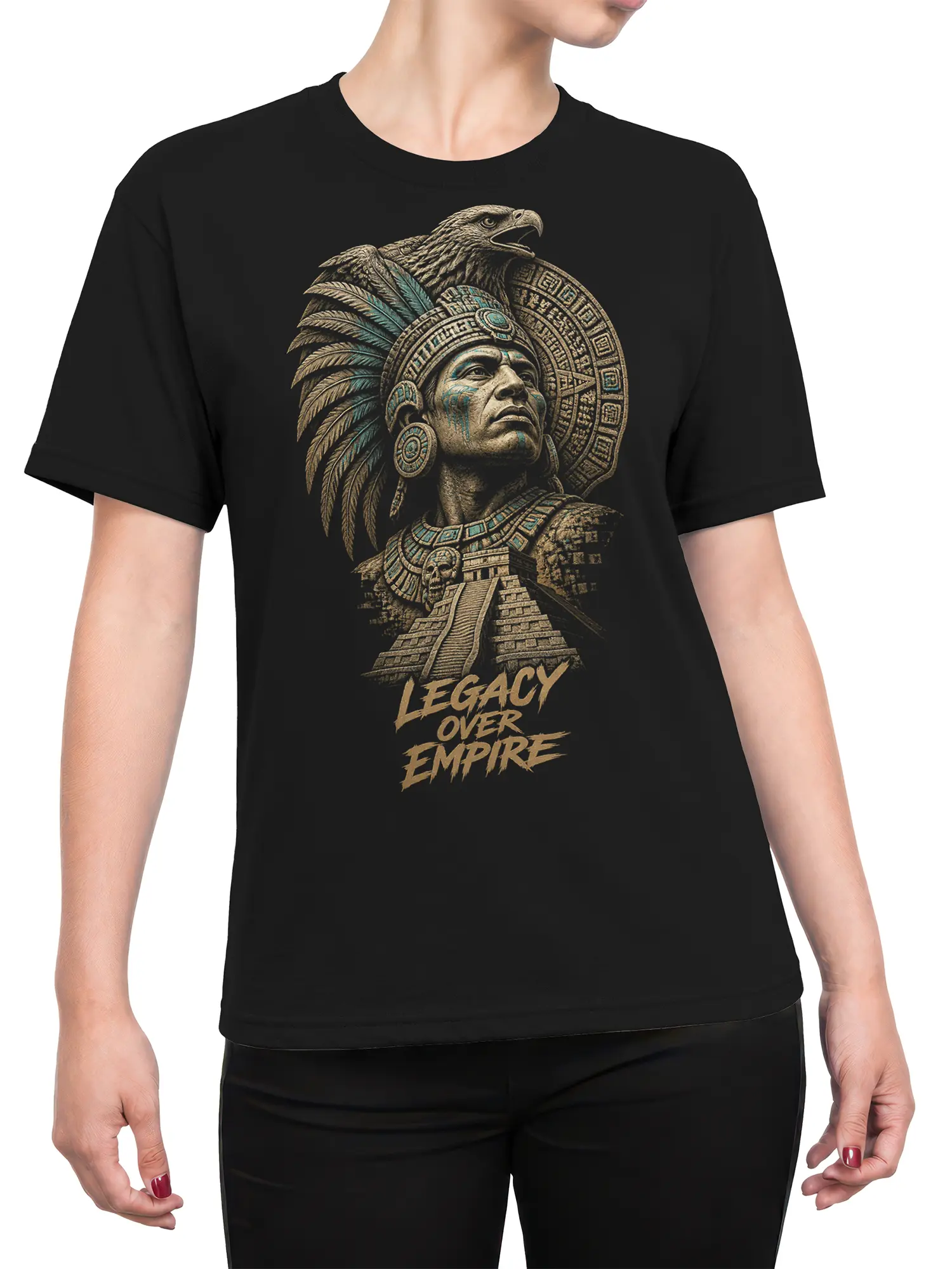 Female torso wearing a black warrior graphic tee with eagle, pyramid, and legacy artwork