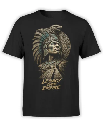 Black warrior t-shirt with feathered headdress, eagle, stepped pyramid, and “Legacy Over Empire” design