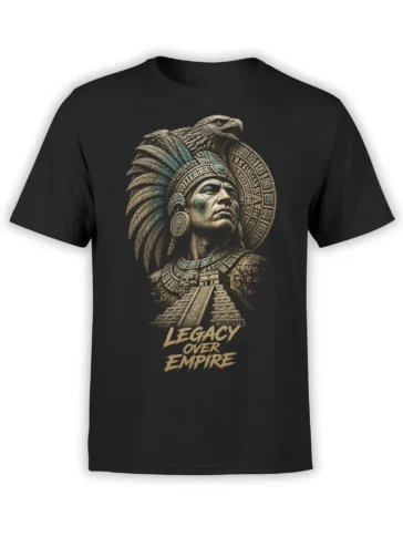 Black warrior t-shirt with feathered headdress, eagle, stepped pyramid, and “Legacy Over Empire” design