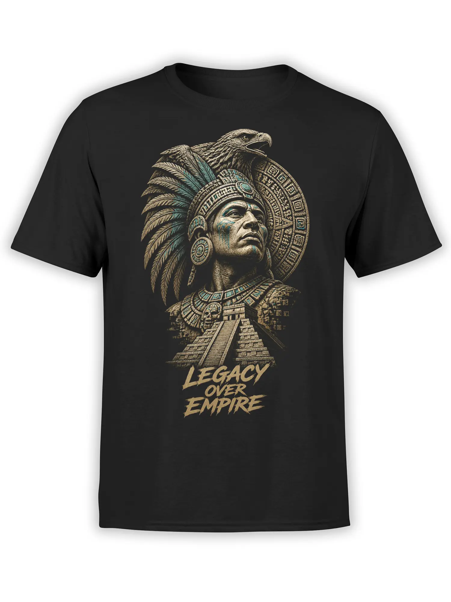 Black warrior t-shirt with feathered headdress, eagle, stepped pyramid, and “Legacy Over Empire” design