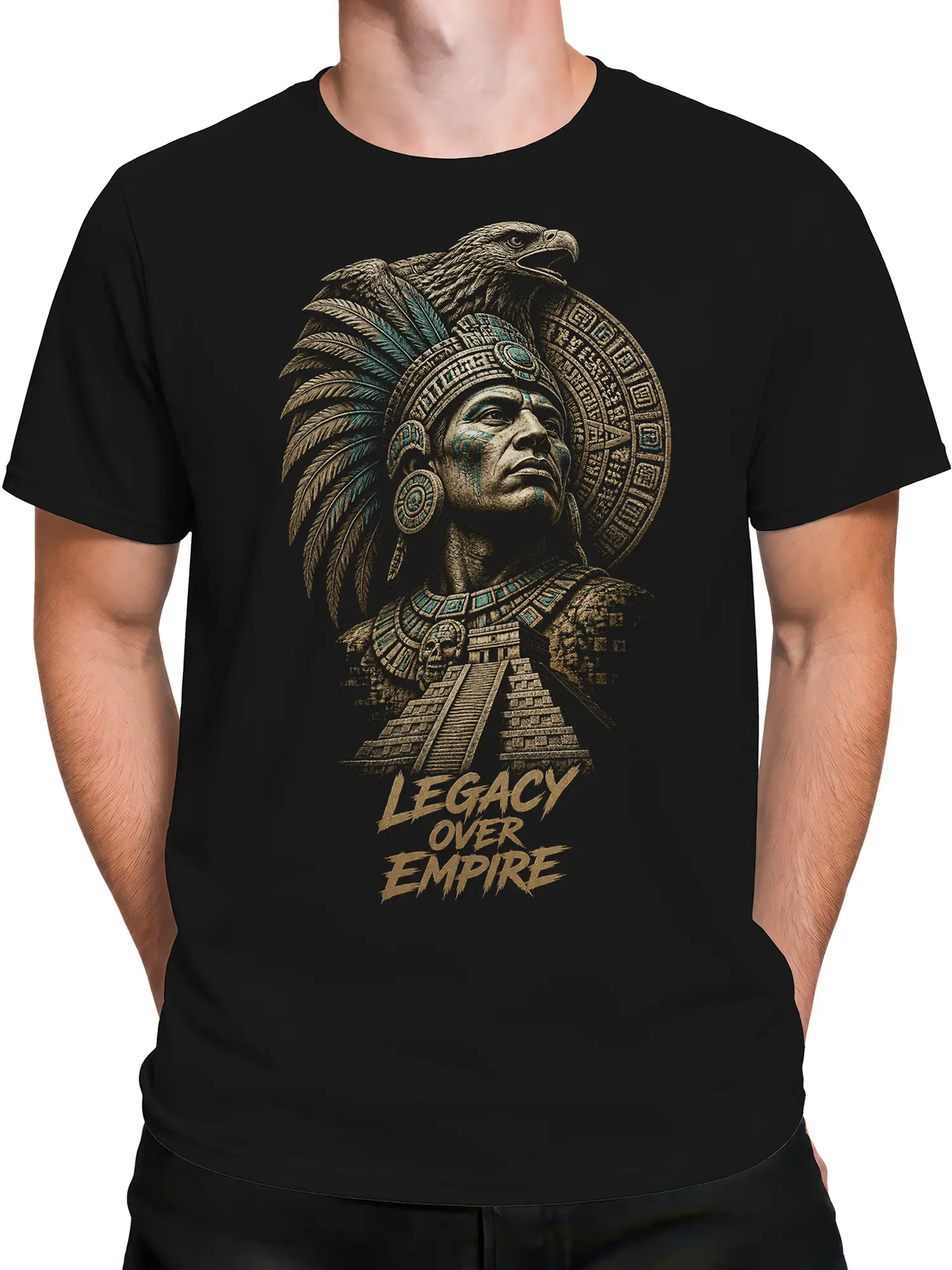 Male torso wearing a black warrior t-shirt with feathered headdress and pyramid artwork