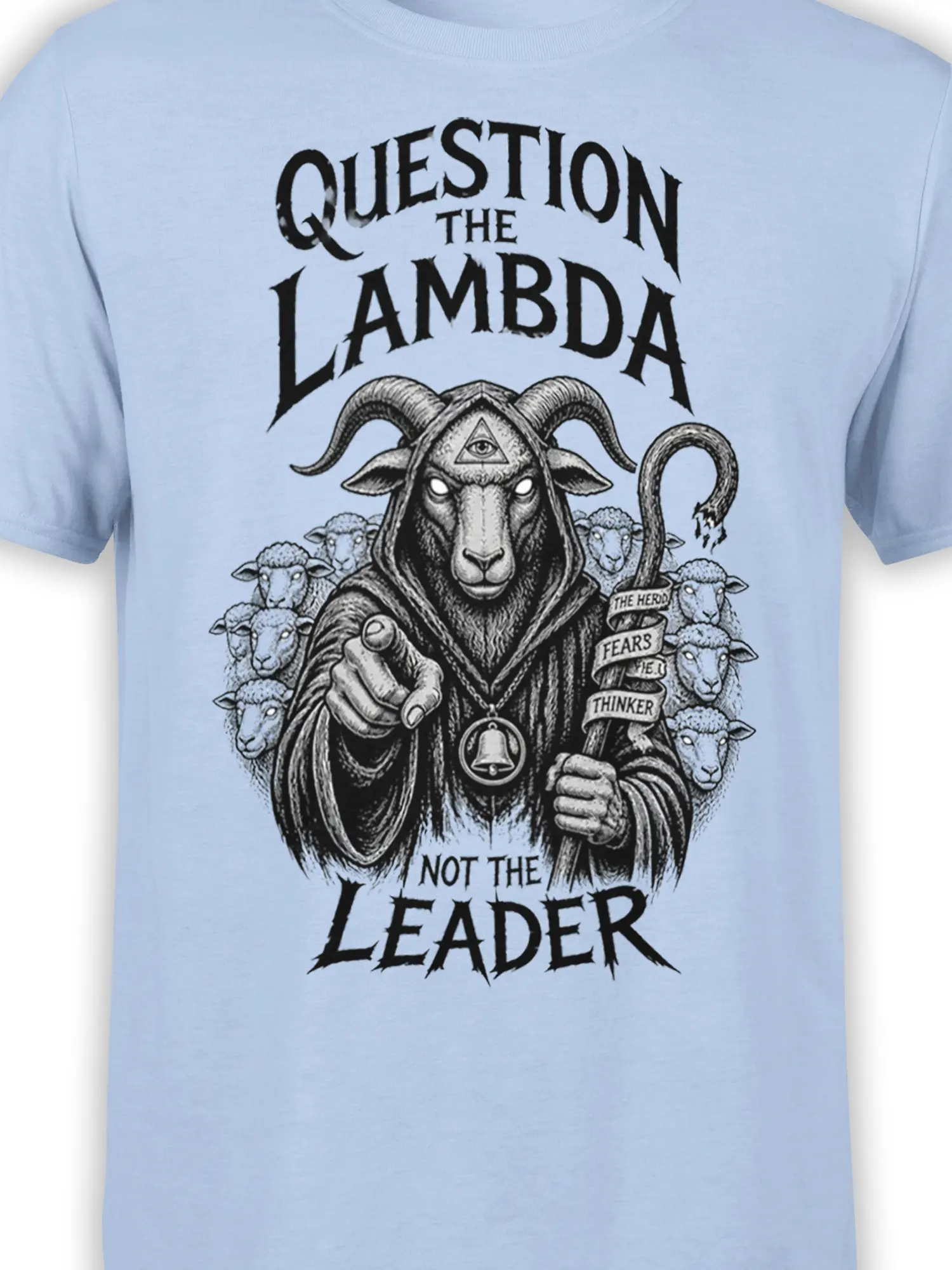 Close-up of hooded horned goat artwork and sheep on a light blue graphic shirt