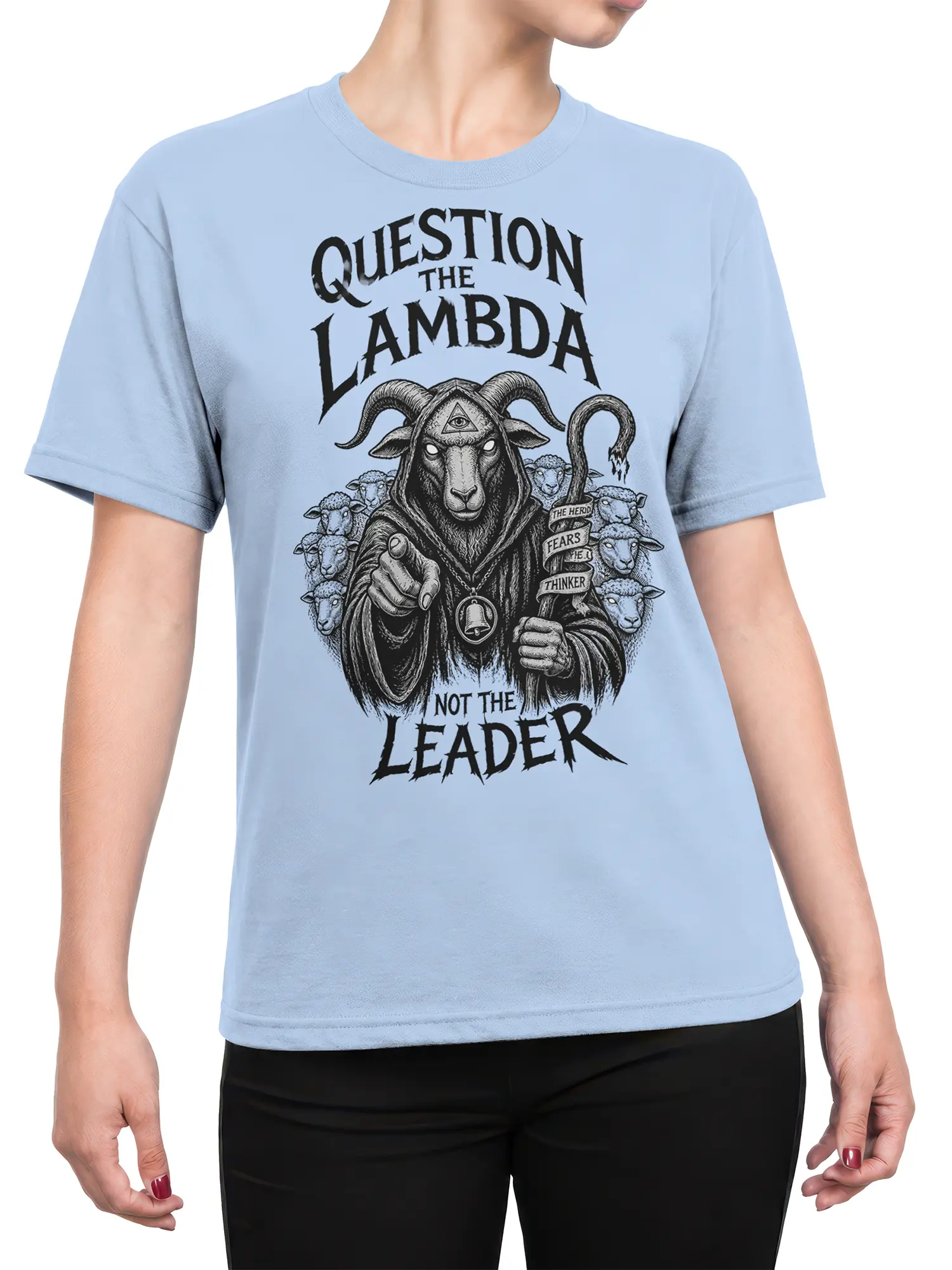 Female torso wearing a light blue hooded goat graphic tee with sheep and philosophical text