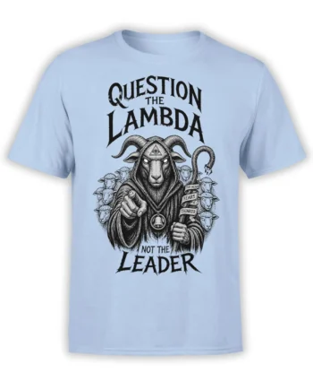 Light blue goat graphic tee with a hooded horned goat, sheep herd, and bold philosophical lettering