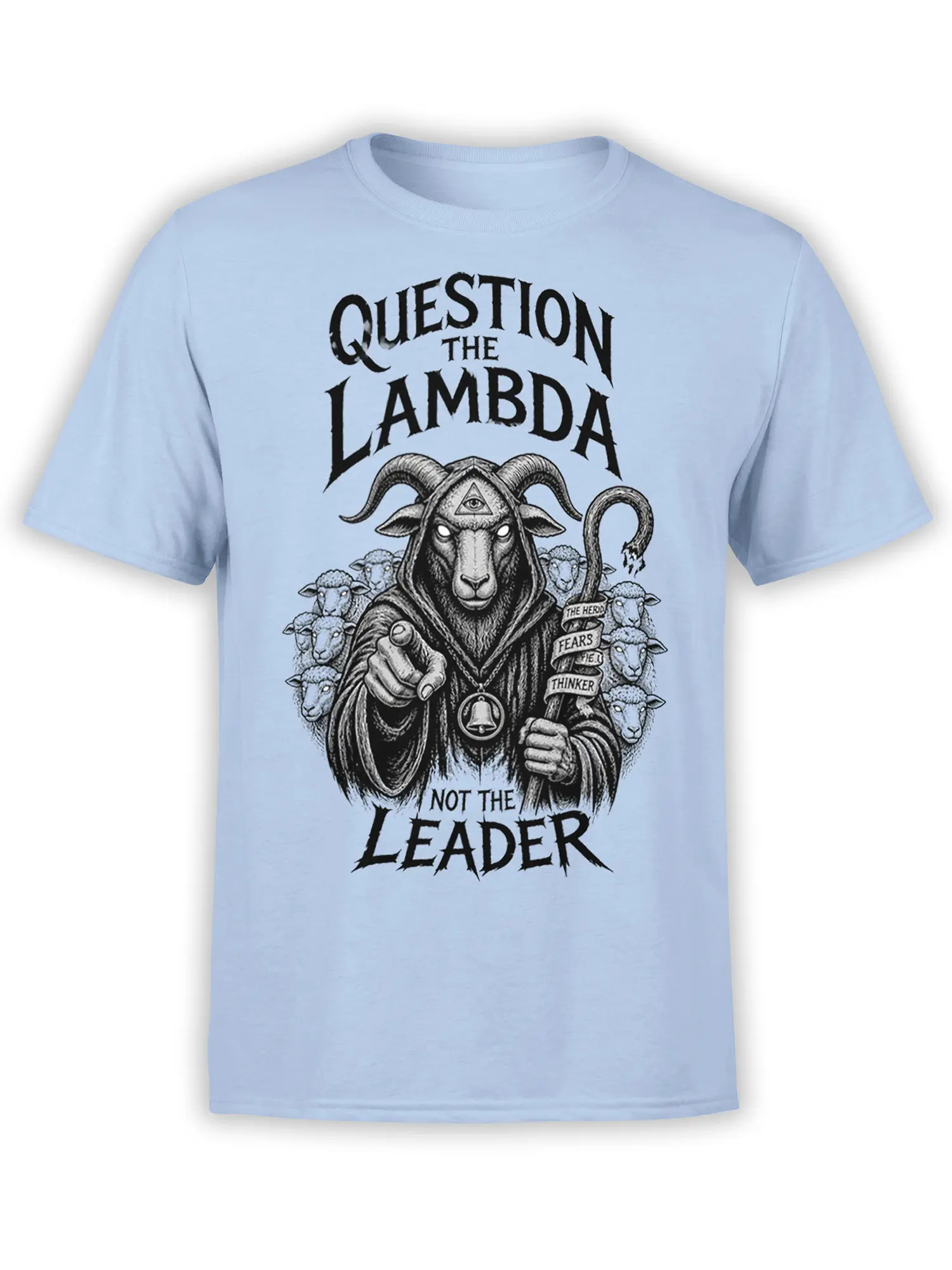 Light blue goat graphic tee with a hooded horned goat, sheep herd, and bold philosophical lettering