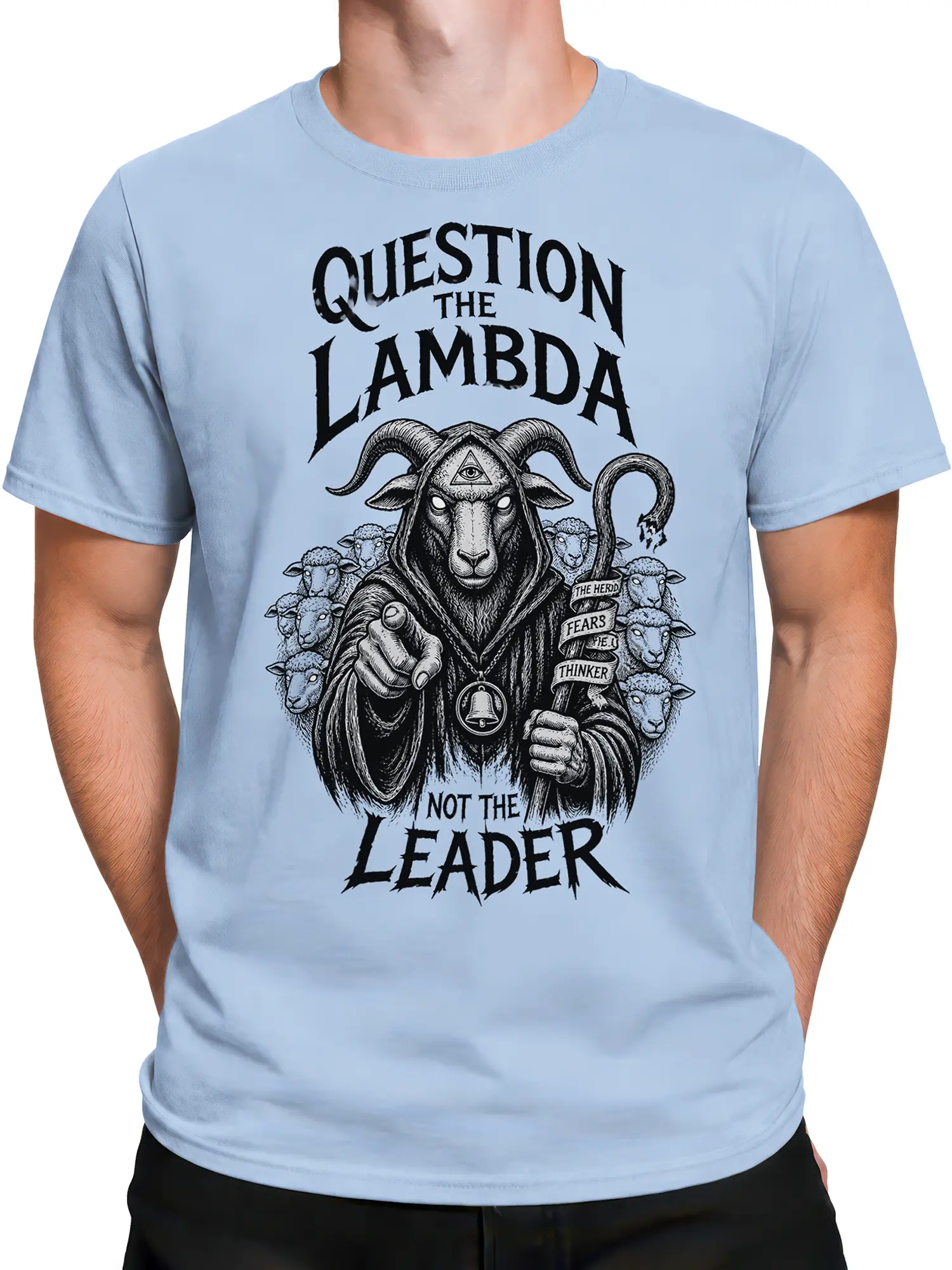 Male torso wearing a light blue goat graphic tee with hooded artwork and sheep