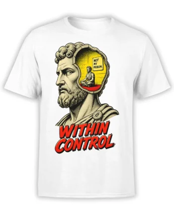 White T-shirt with classical bust, meditating figure, and bold red “WITHIN CONTROL” graphic