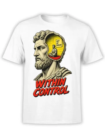 White T-shirt with classical bust, meditating figure, and bold red “WITHIN CONTROL” graphic