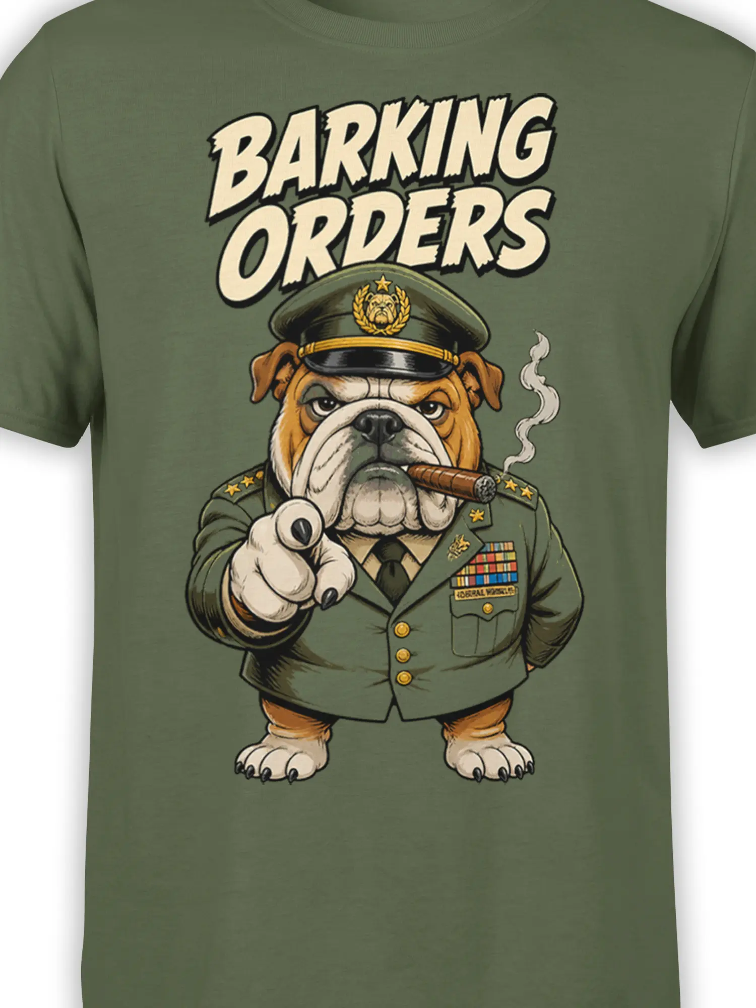 Close-up of the uniformed bulldog, cigar, medals, and BARKING ORDERS artwork on a green shirt