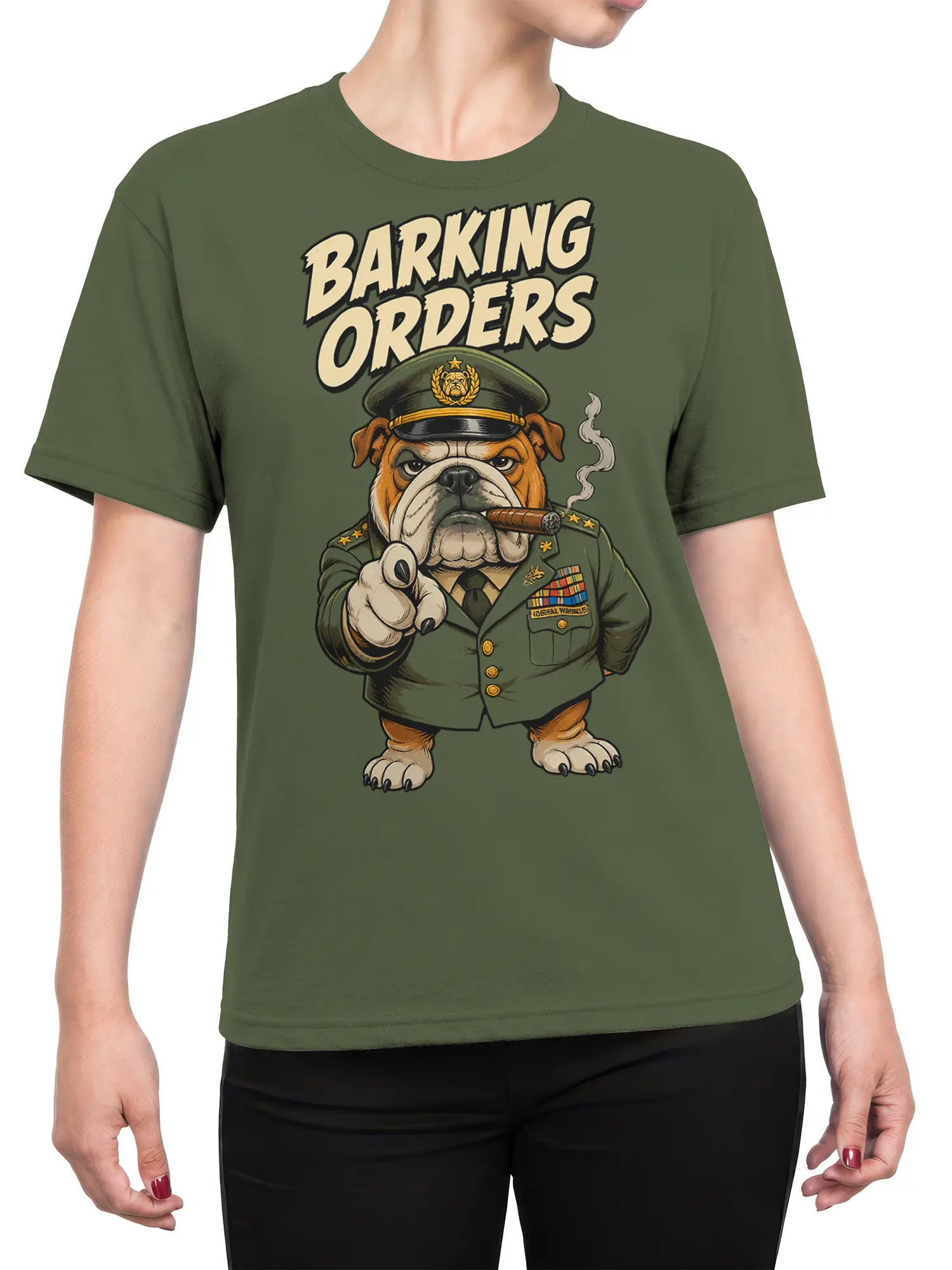 Female torso wearing a green bulldog graphic tee with BARKING ORDERS text and military-style artwork