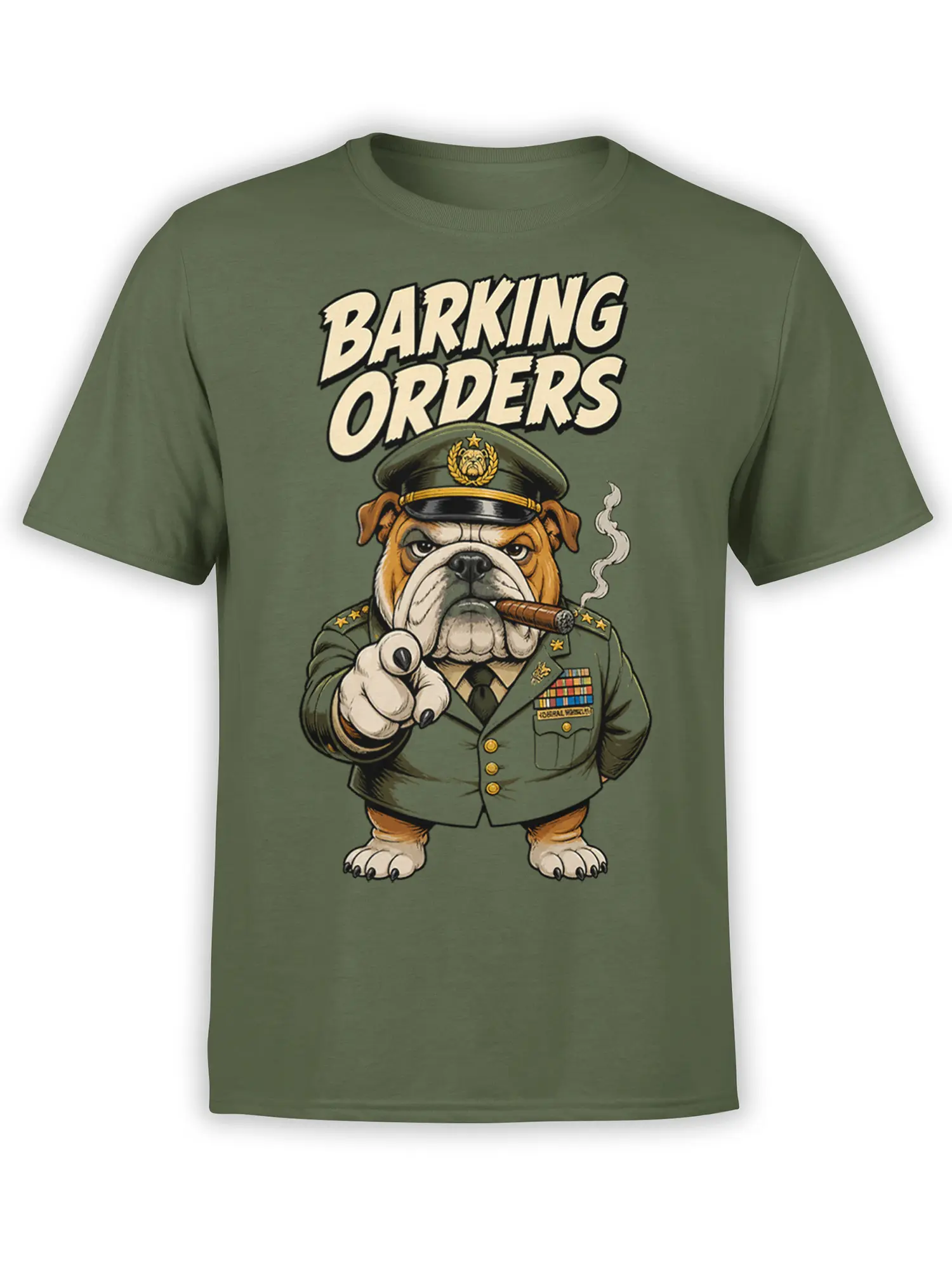 Green T-shirt featuring a decorated bulldog in uniform pointing beneath the words BARKING ORDERS