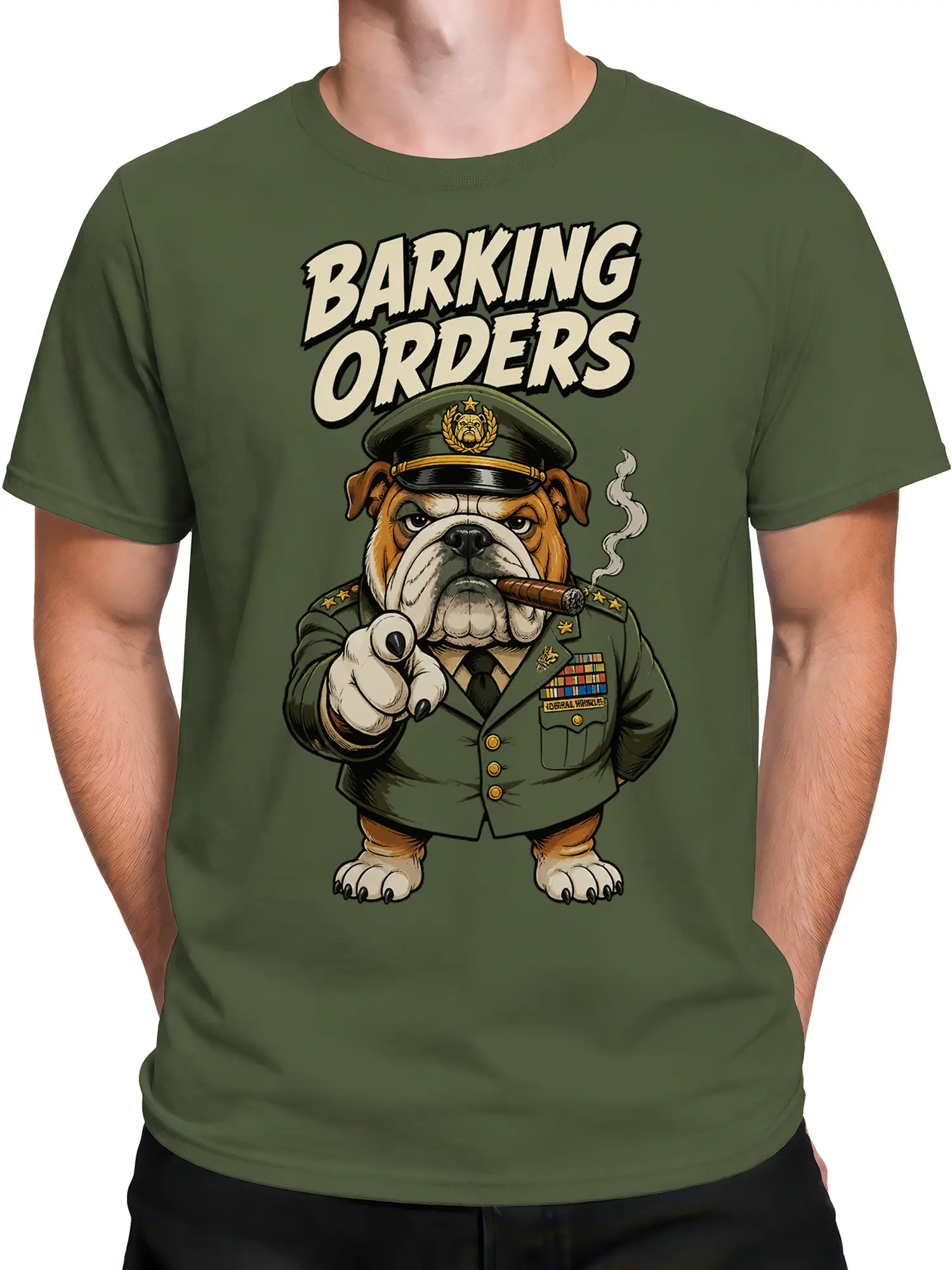 Male torso wearing a green bulldog graphic tee with military-style artwork and bold lettering
