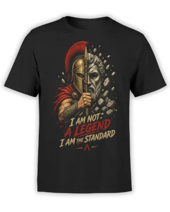 Black warrior t-shirt with split Roman helmet and bearded face, red plume, spear, and battle quote