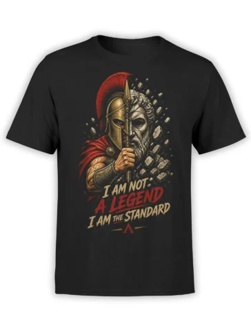 Black warrior t-shirt with split Roman helmet and bearded face, red plume, spear, and battle quote