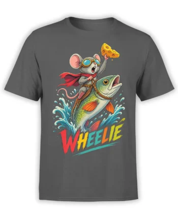 Gray T-shirt with a goggle-wearing mouse riding a leaping fish and holding a wedge of cheese
